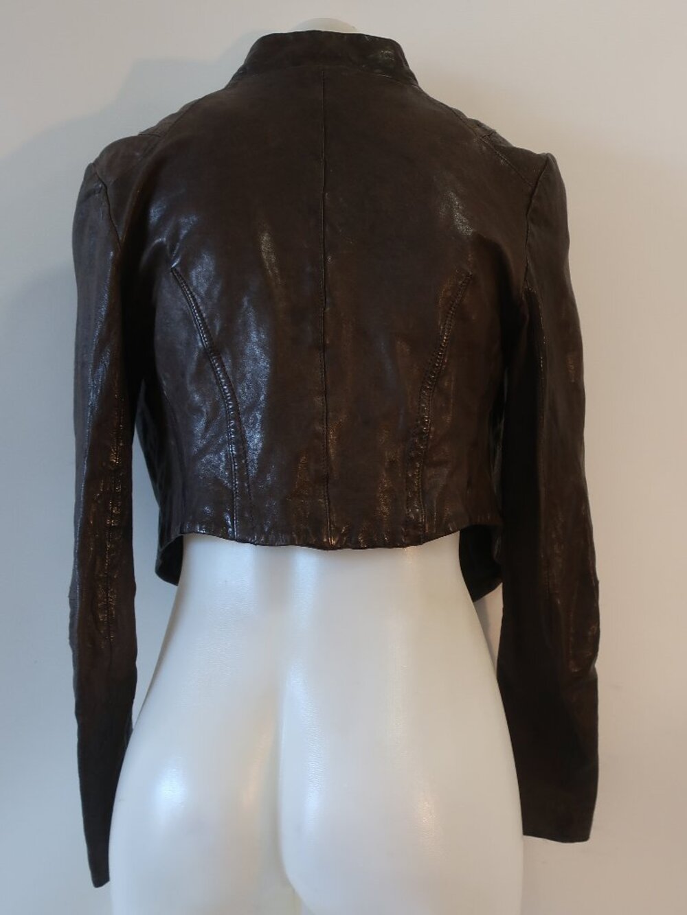 Womens All Saints Brown (Item- 314) Cropped Bomber Leather Lelex Moto Jacket 12 - Picture 13 of 15